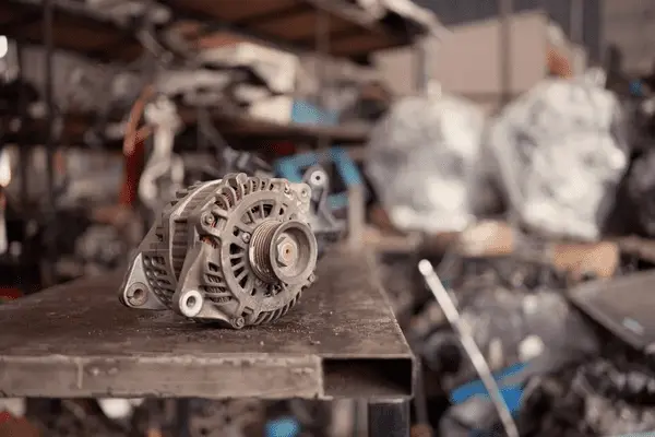 Signs of a bad alternator - Worn car alternator on workbench in mechanic workshop with tools in background