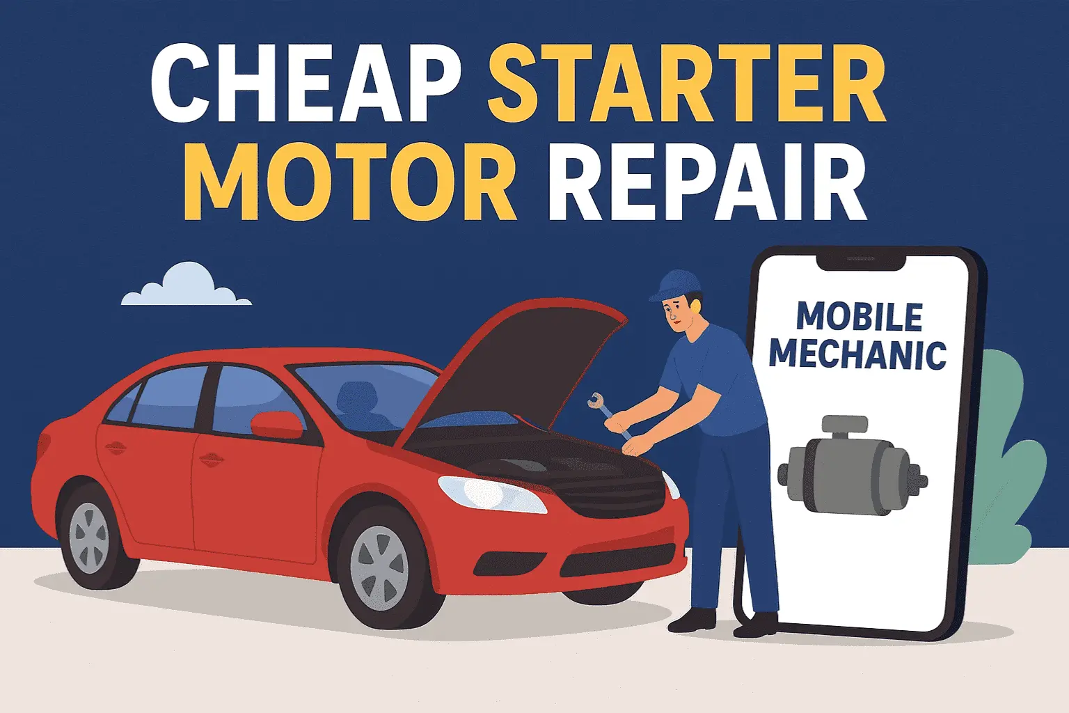 Cheap starter motor repair logo featuring car engine and wrench icon with mobile mechanic service branding, designed to attract customers.