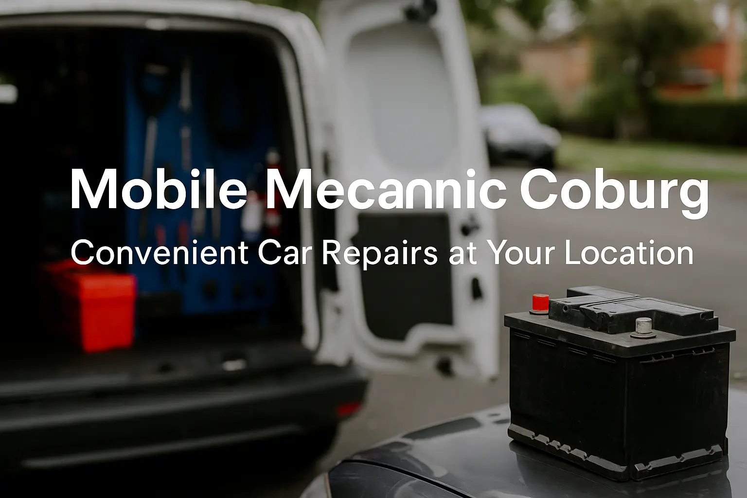 Mobile Mechanic Coburg van parked in suburban Melbourne driveway ready for on-site car repairs, Mobile mechanic in Coburg performing battery replacement service on location, Engine diagnostics being run by mobile car mechanic in Coburg Melbourne, On-site brake pad and rotor replacement by Coburg mobile mechanic, and Mobile auto electrician in Coburg fixing car lighting and wiring issues.