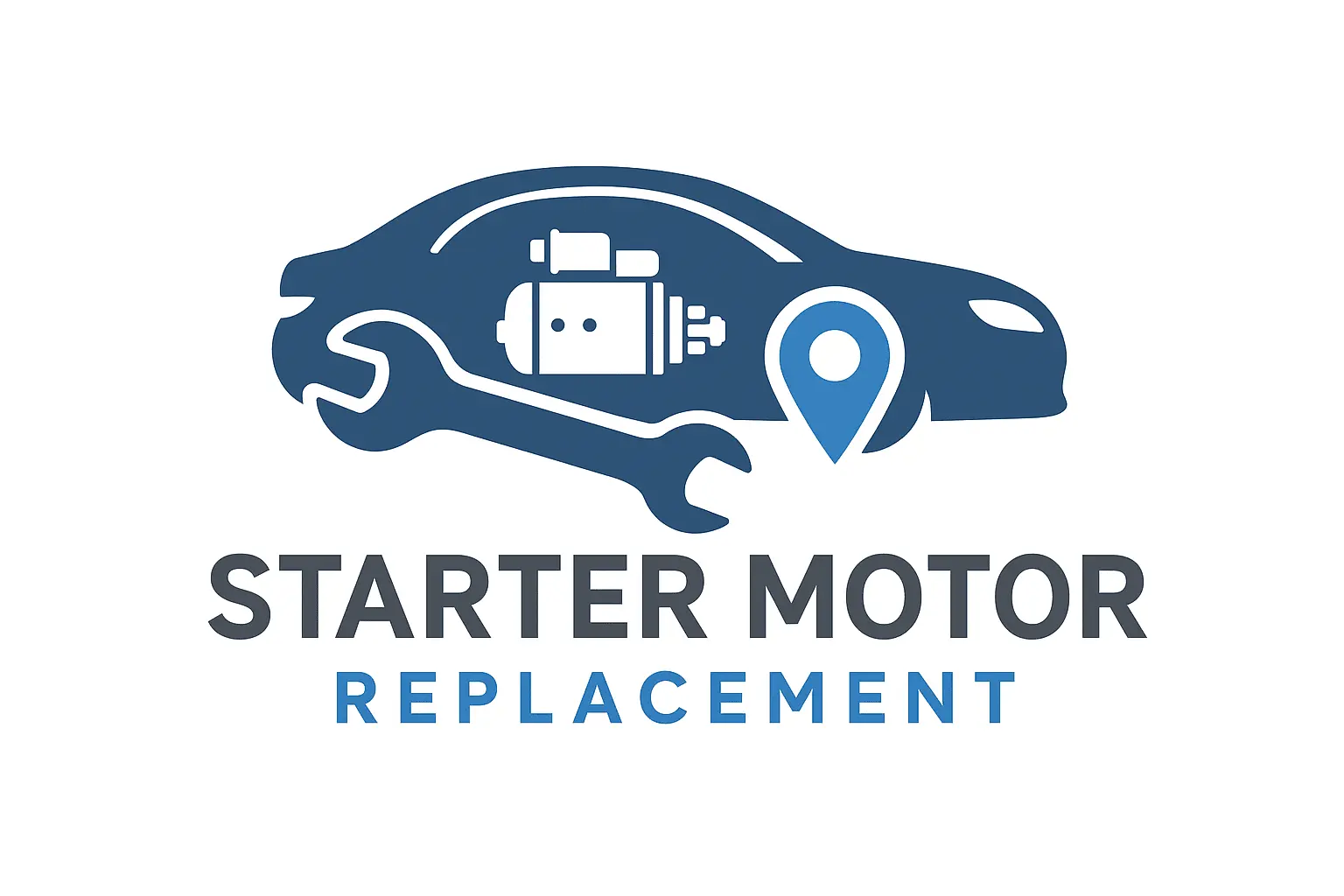 Starter motor replacement logo with car engine icon and mobile mechanic service branding