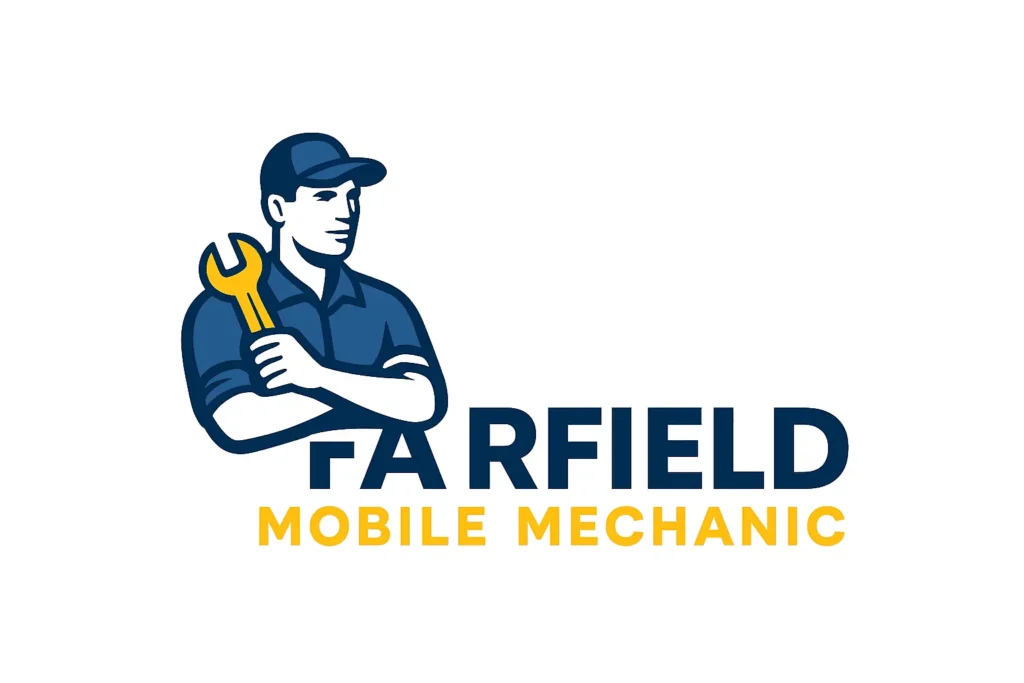 Fairfield Mobile Mechanic logo featuring a navy-blue mechanic holding a yellow wrench next to the bold text ‘Fairfield Mobile Mechanic’ on a white background.