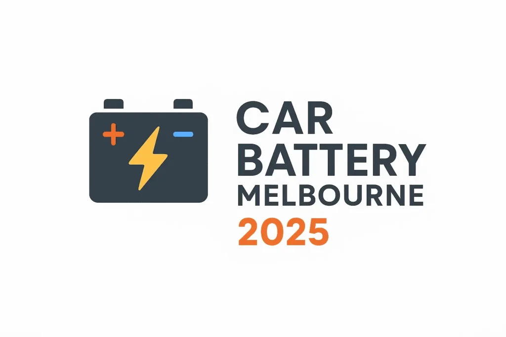 Car Battery Melbourne 2025 logo with battery icon and lightning bolt representing mobile mechanic and replacement services in Victoria suburbs