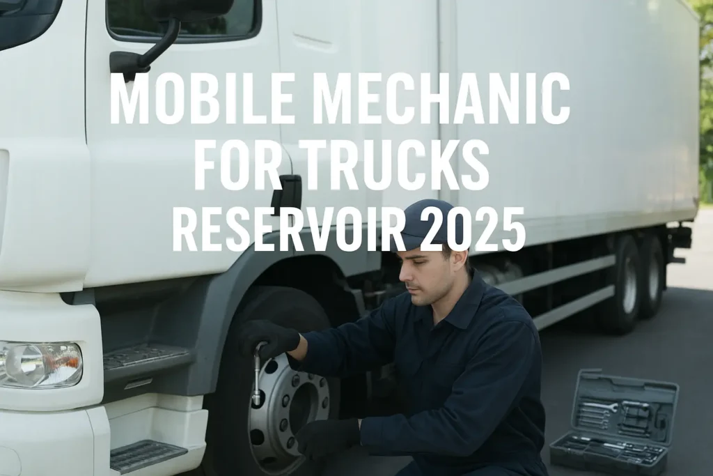 Logo image showing a large truck with mechanical tools and gears around it, representing a professional 24/7 mobile mechanic service for trucks in Reservoir.