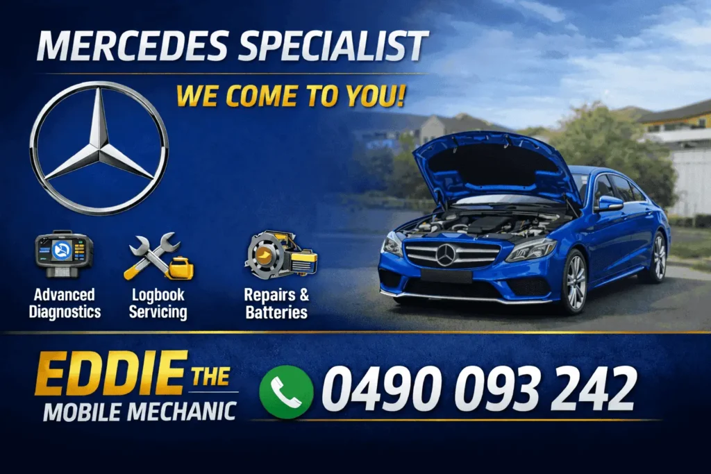 Blue Mercedes-Benz with open hood in suburban street, showcasing Eddie the Mobile Mechanic services including diagnostics, logbook servicing, repairs, and batteries, with contact number 0490 093 242.