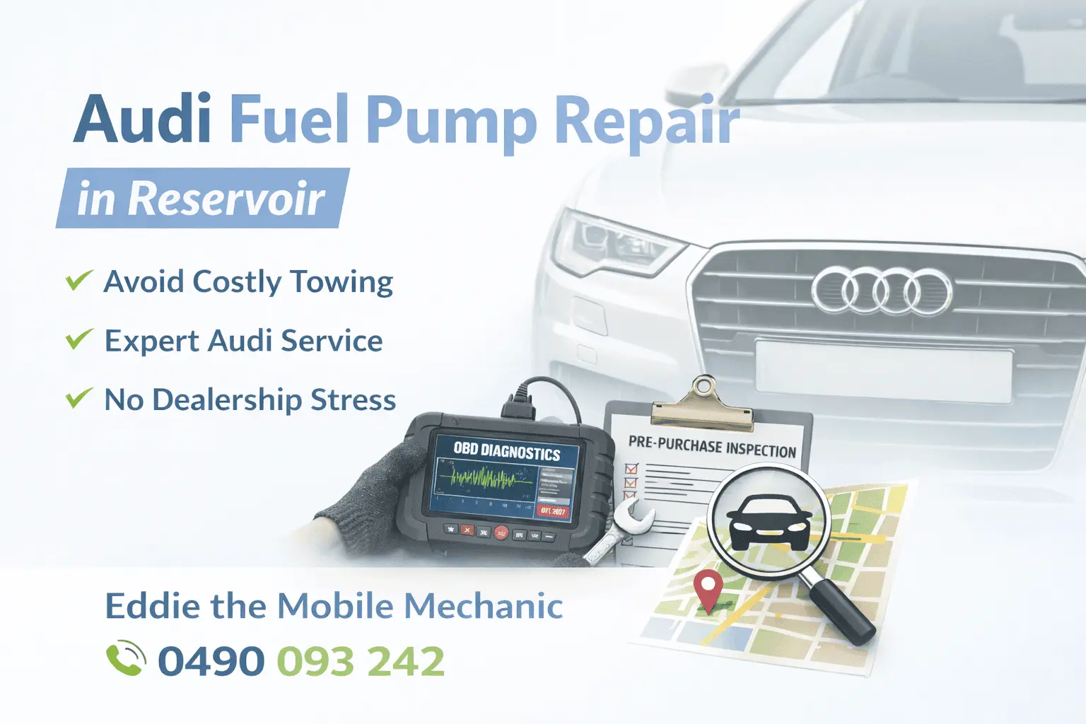 Audi fuel pump repair in Reservoir by mobile mechanic, on-site Audi diagnostics and fuel system service without towing