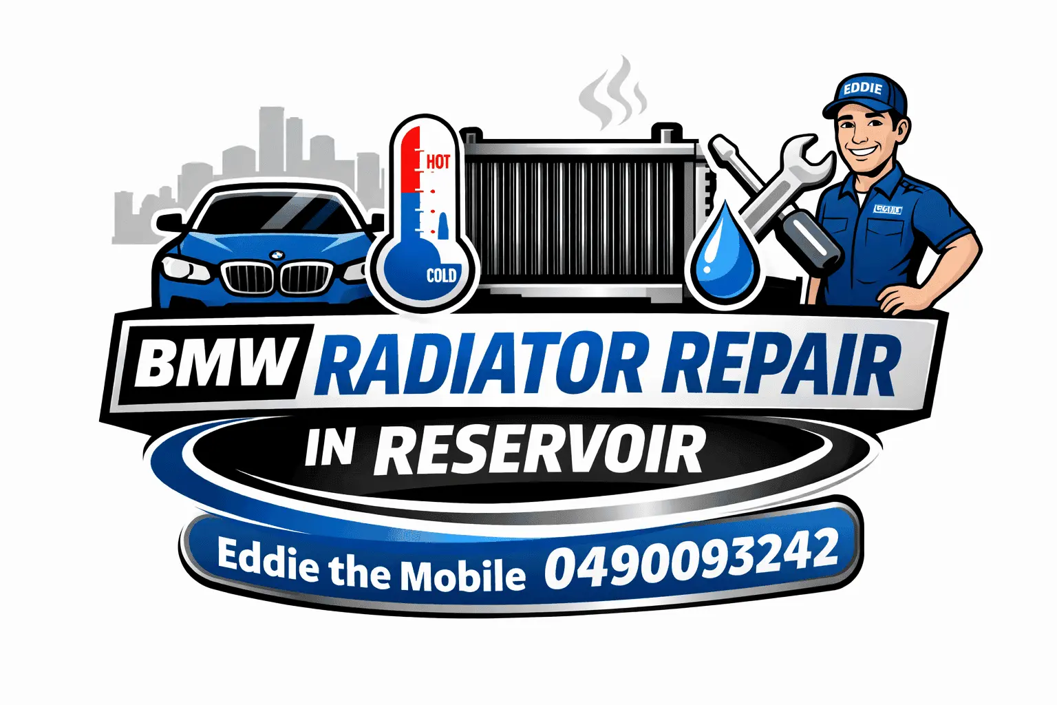 BMW Radiator Repair in Reservoir logo featuring Eddie the Mobile Mechanic with phone number 0490093242 for fast local radiator service.